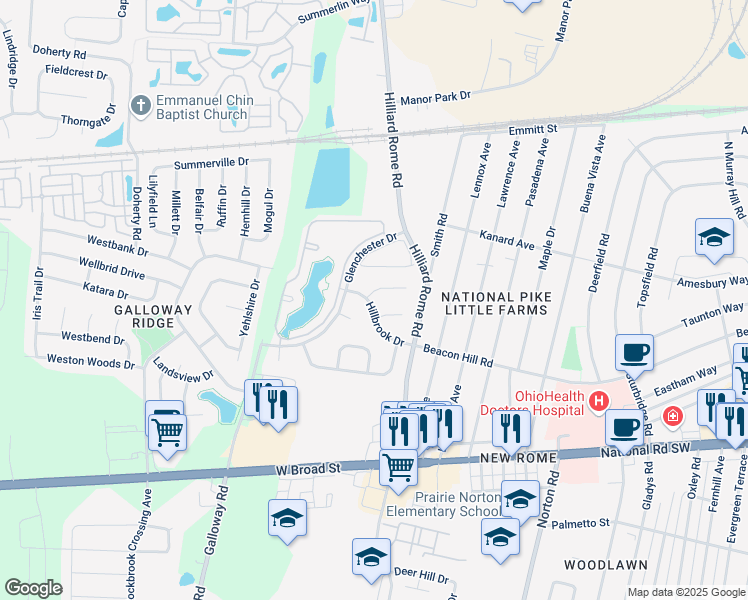 map of restaurants, bars, coffee shops, grocery stores, and more near 5545 Hillbrook Drive in Galloway