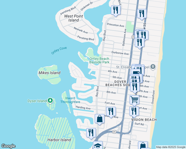 map of restaurants, bars, coffee shops, grocery stores, and more near 1919 Bay Boulevard in Lavallette