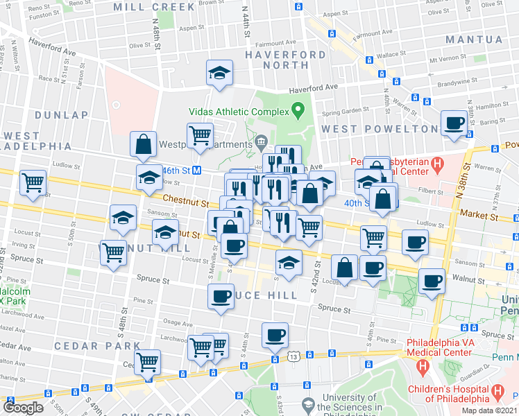 map of restaurants, bars, coffee shops, grocery stores, and more near 4411 Chestnut Street in Philadelphia