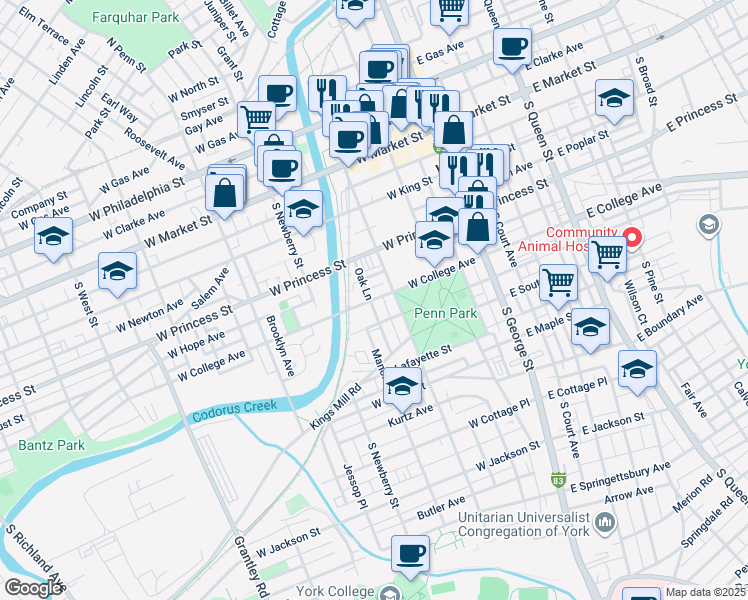 map of restaurants, bars, coffee shops, grocery stores, and more near 224 West College Avenue in York