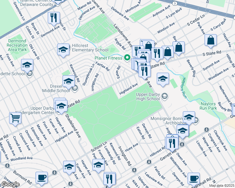 map of restaurants, bars, coffee shops, grocery stores, and more near 716 Fairfax Road in Drexel Hill