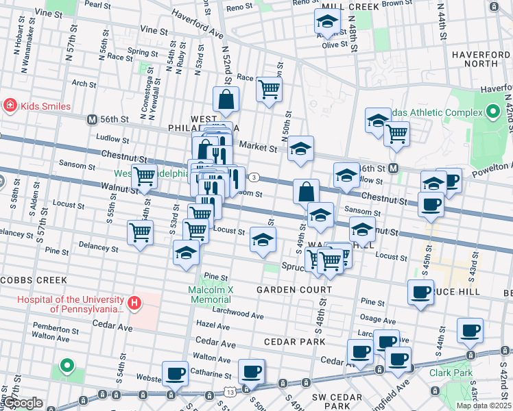 map of restaurants, bars, coffee shops, grocery stores, and more near 5033 Walnut Street in Philadelphia