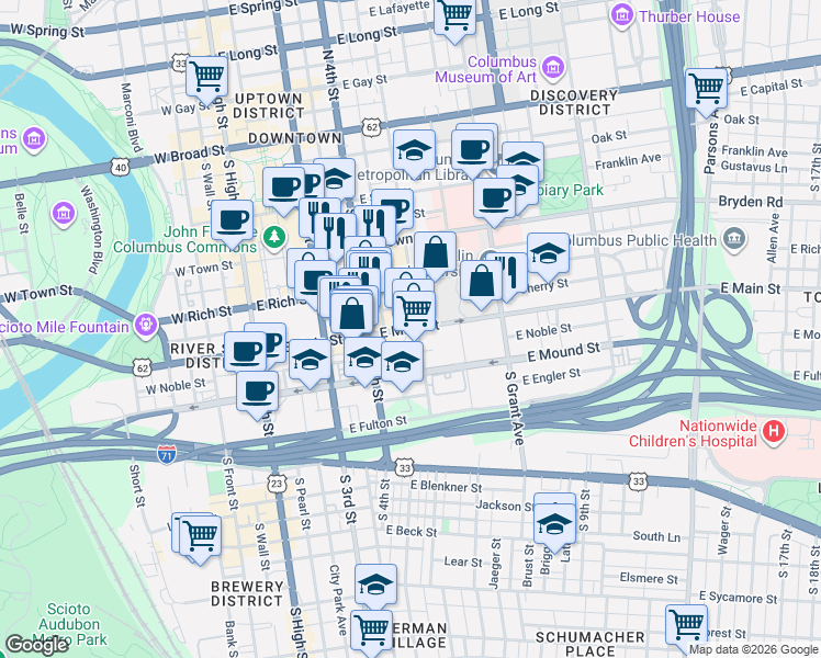 map of restaurants, bars, coffee shops, grocery stores, and more near 220 East Main Street in Columbus