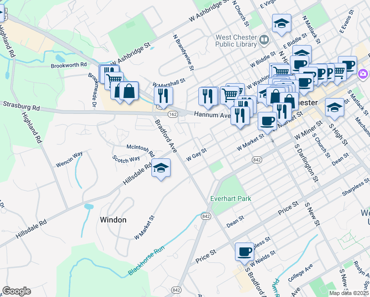 map of restaurants, bars, coffee shops, grocery stores, and more near 614 West Chestnut Street in West Chester