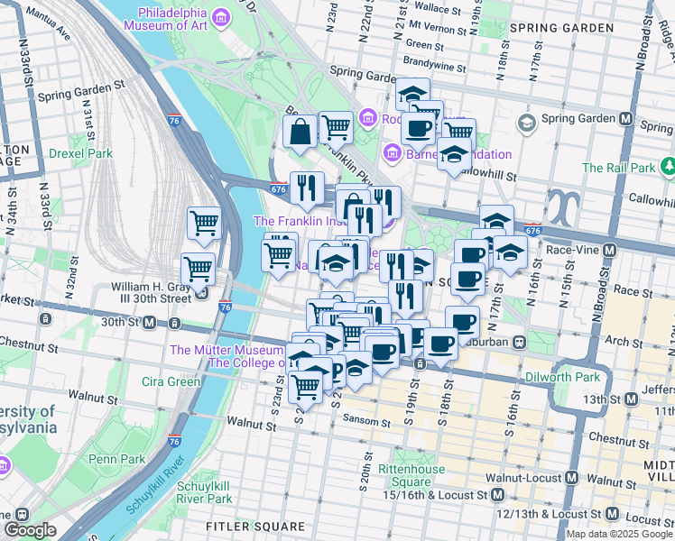 map of restaurants, bars, coffee shops, grocery stores, and more near 2130 Cherry Street in Philadelphia