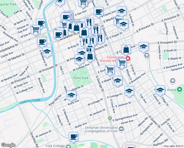 map of restaurants, bars, coffee shops, grocery stores, and more near 15 West South Street in York