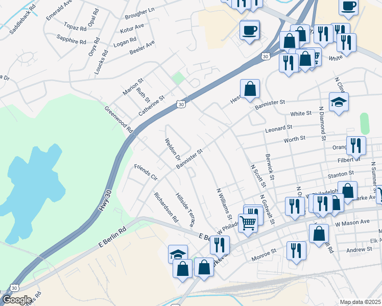 map of restaurants, bars, coffee shops, grocery stores, and more near 780 Weldon Drive in York
