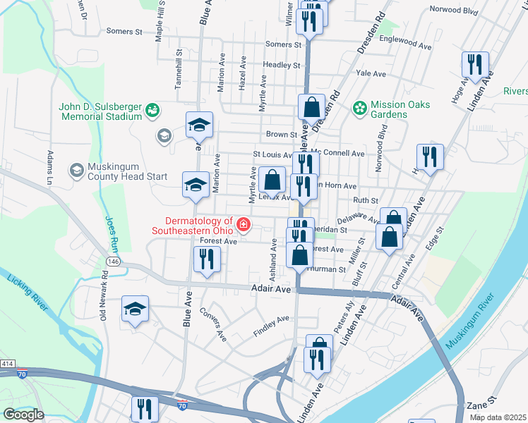 map of restaurants, bars, coffee shops, grocery stores, and more near 707 Locust Avenue in Zanesville