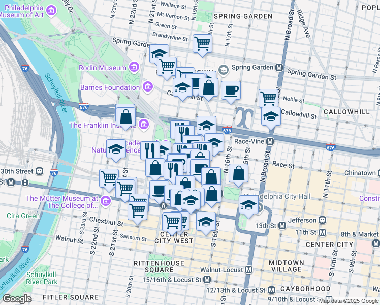 map of restaurants, bars, coffee shops, grocery stores, and more near Race St & N 18th St in Philadelphia