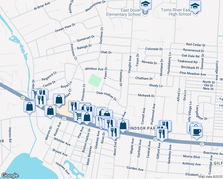 map of restaurants, bars, coffee shops, grocery stores, and more near 1597 Woodcrest Drive in Toms River
