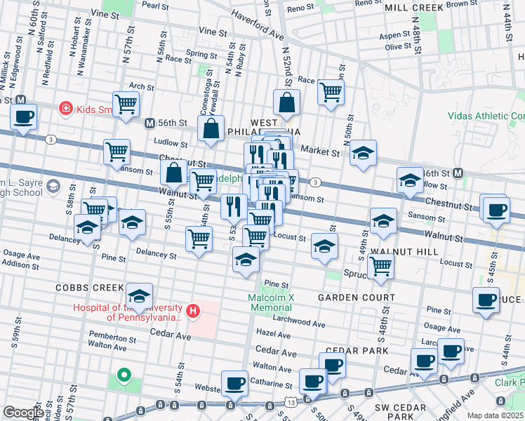 map of restaurants, bars, coffee shops, grocery stores, and more near 5228 Walnut Street in Philadelphia