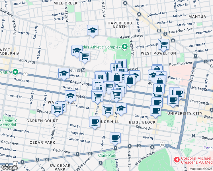 map of restaurants, bars, coffee shops, grocery stores, and more near 4425 Chestnut Street in Philadelphia