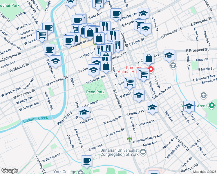 map of restaurants, bars, coffee shops, grocery stores, and more near 15 West South Street in York