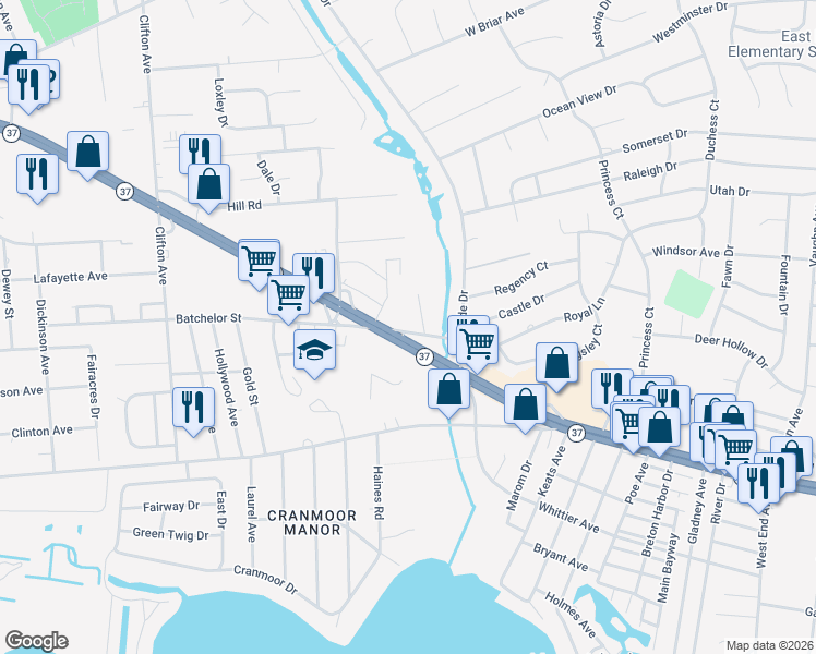 map of restaurants, bars, coffee shops, grocery stores, and more near 704 Batchelor Street in Toms River