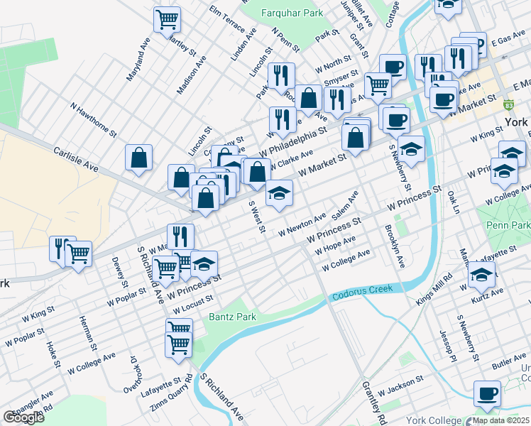 map of restaurants, bars, coffee shops, grocery stores, and more near 559 West King Street in York