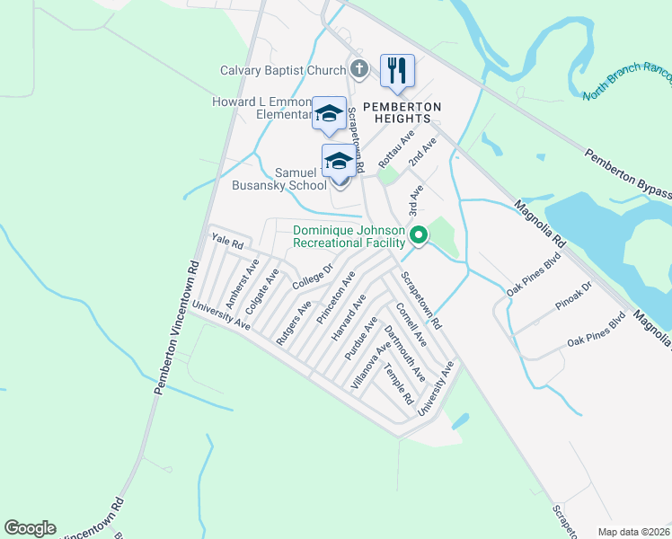 map of restaurants, bars, coffee shops, grocery stores, and more near 218 College Drive in Pemberton