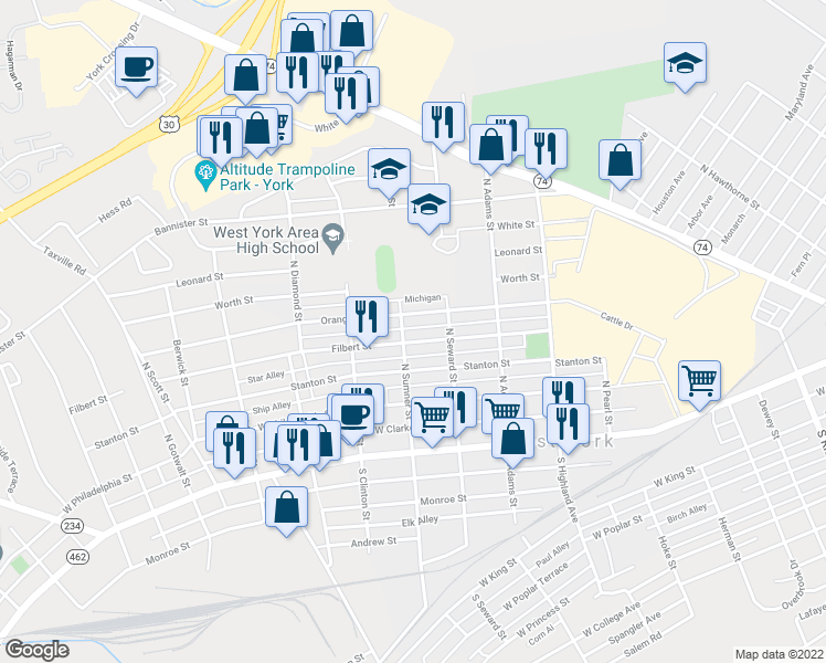 map of restaurants, bars, coffee shops, grocery stores, and more near 1647 Filbert Street in West York