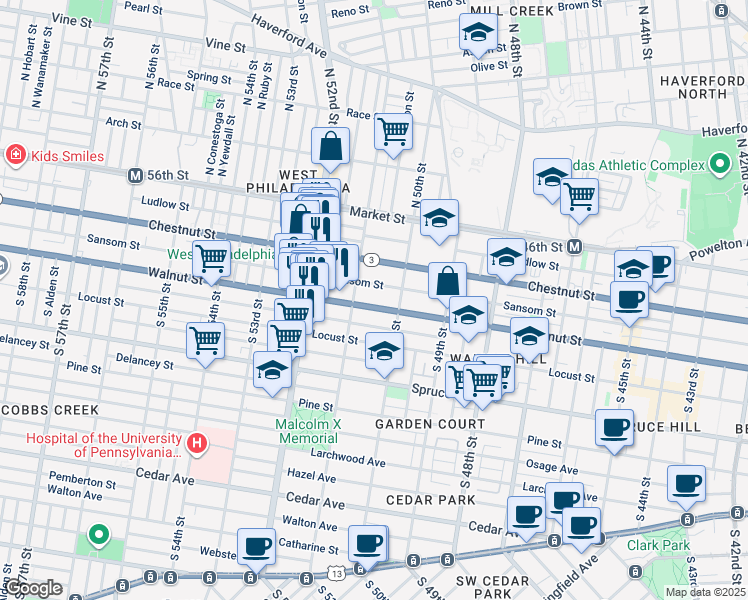 map of restaurants, bars, coffee shops, grocery stores, and more near 5033 Walnut Street in Philadelphia