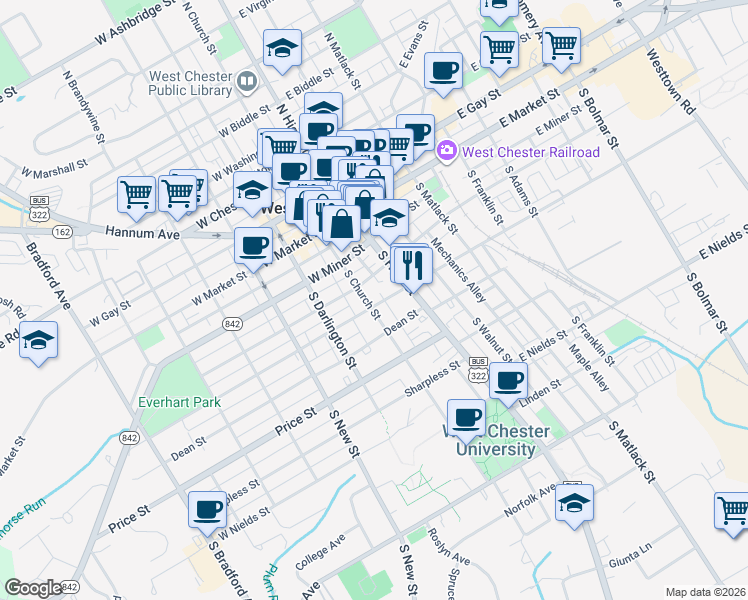 map of restaurants, bars, coffee shops, grocery stores, and more near 225 South Church Street in West Chester