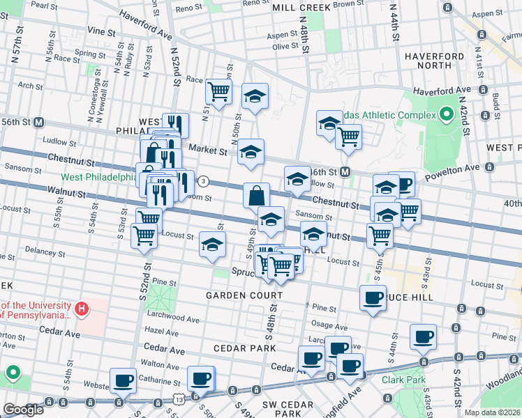 map of restaurants, bars, coffee shops, grocery stores, and more near 4840 Chestnut Street in Philadelphia