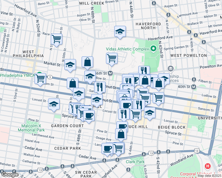 map of restaurants, bars, coffee shops, grocery stores, and more near 4600 Chestnut Street in Philadelphia