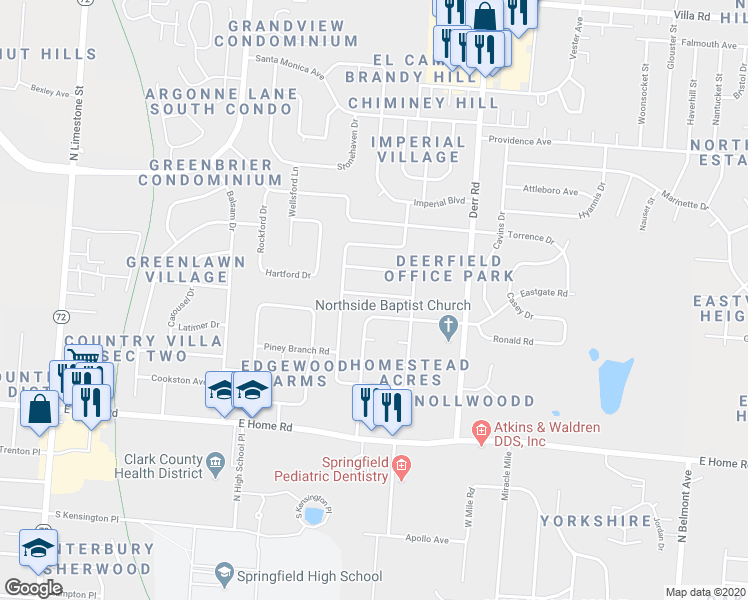 map of restaurants, bars, coffee shops, grocery stores, and more near 1025 Sundown Road in Springfield