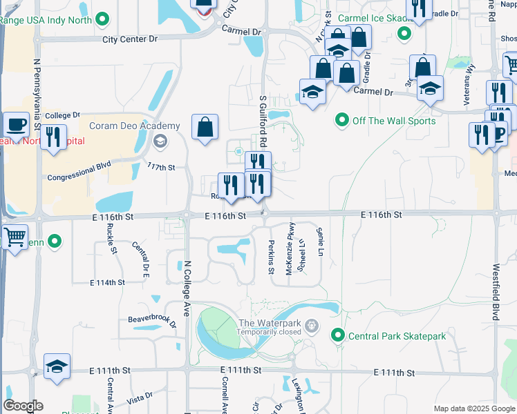 map of restaurants, bars, coffee shops, grocery stores, and more near 890 East 116th Street in Carmel