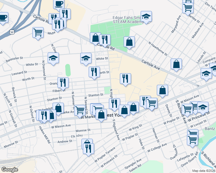 map of restaurants, bars, coffee shops, grocery stores, and more near 300 North Highland Avenue in West York