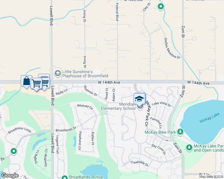 map of restaurants, bars, coffee shops, grocery stores, and more near 14301 Adam Court in Broomfield
