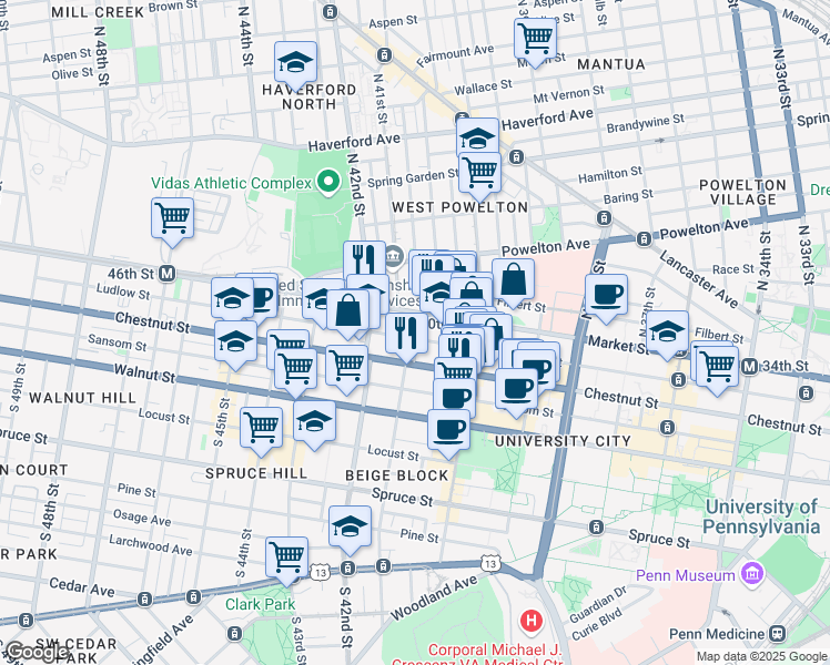 map of restaurants, bars, coffee shops, grocery stores, and more near 4054 Market Street in Philadelphia