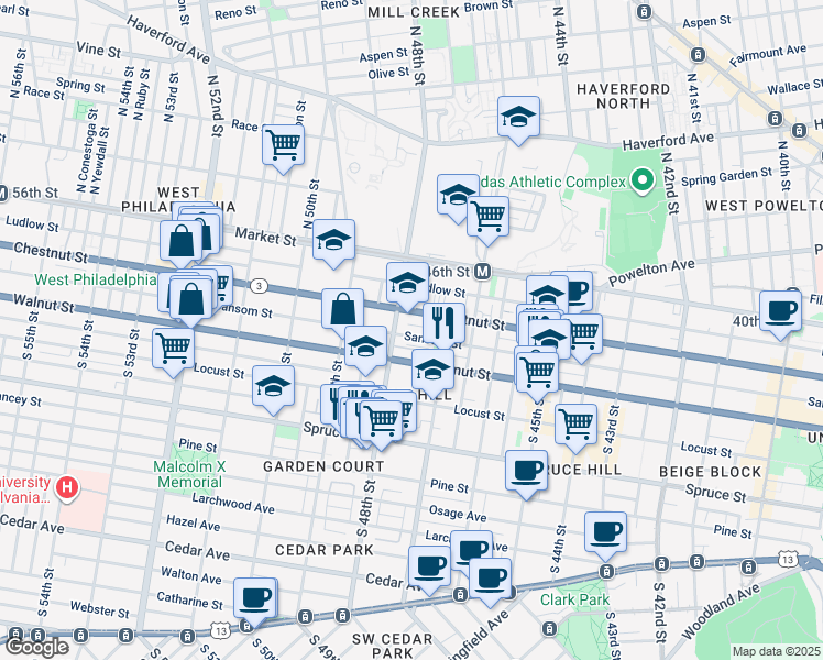 map of restaurants, bars, coffee shops, grocery stores, and more near 4745 Sansom Street in Philadelphia