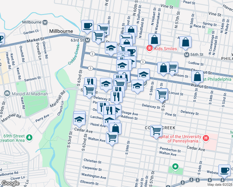 map of restaurants, bars, coffee shops, grocery stores, and more near 6033 Spruce Street in Philadelphia