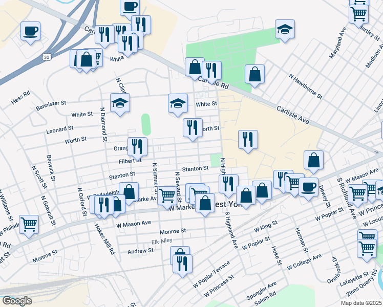 map of restaurants, bars, coffee shops, grocery stores, and more near 1517 Filbert Street in West York