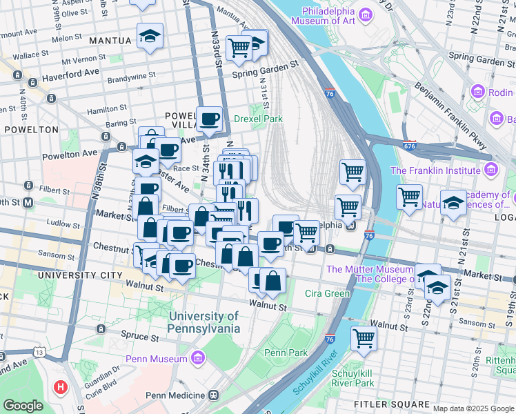 map of restaurants, bars, coffee shops, grocery stores, and more near 115 North 32nd Street in Philadelphia