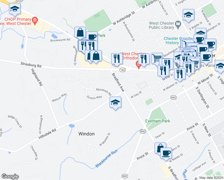 map of restaurants, bars, coffee shops, grocery stores, and more near 221 McIntosh Road in West Chester