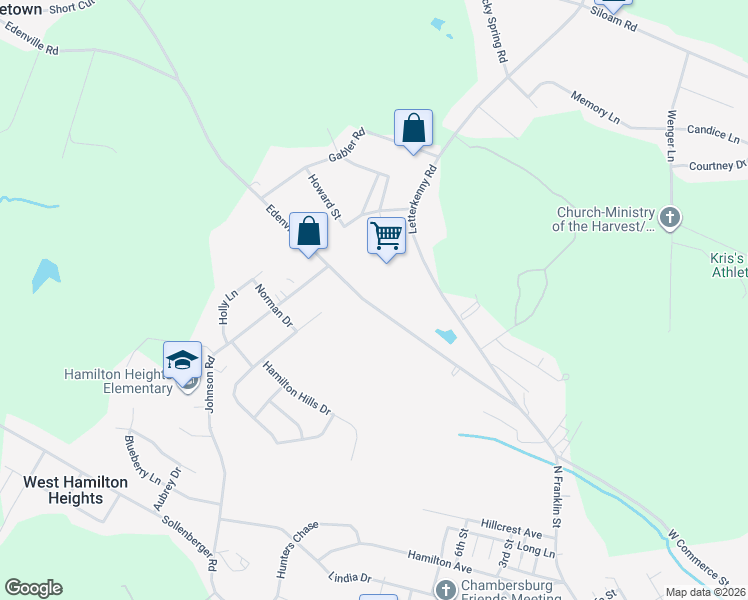 map of restaurants, bars, coffee shops, grocery stores, and more near 1269 Edenville Road in Chambersburg