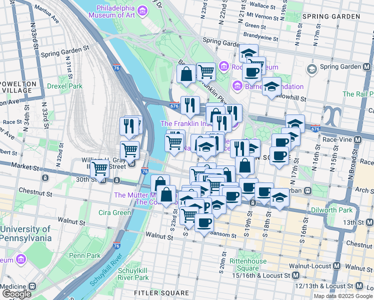map of restaurants, bars, coffee shops, grocery stores, and more near 123 North 23rd Street in Philadelphia