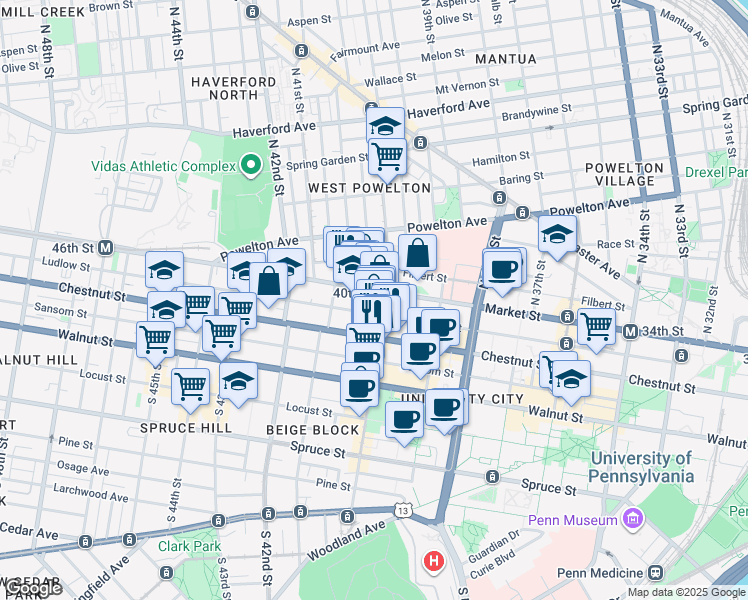 map of restaurants, bars, coffee shops, grocery stores, and more near in Philadelphia