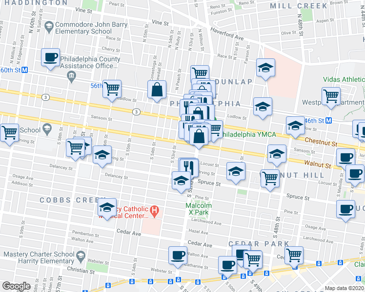 map of restaurants, bars, coffee shops, grocery stores, and more near 5242 Walnut Street in Philadelphia