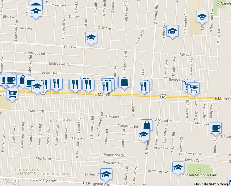 map of restaurants, bars, coffee shops, grocery stores, and more near 2950 East Main Street in Columbus