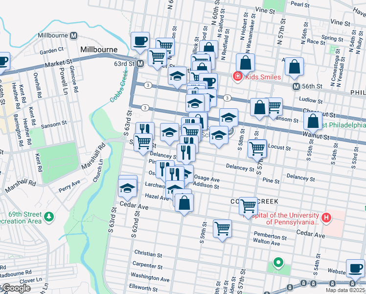 map of restaurants, bars, coffee shops, grocery stores, and more near 6023 Spruce Street in Philadelphia