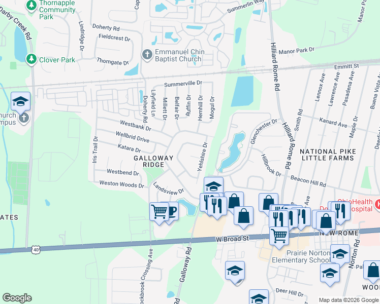 map of restaurants, bars, coffee shops, grocery stores, and more near 5684 Duchess Court in Galloway