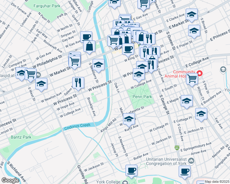 map of restaurants, bars, coffee shops, grocery stores, and more near 231 West College Avenue in York