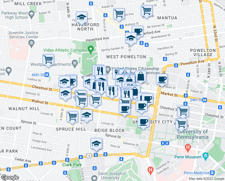 map of restaurants, bars, coffee shops, grocery stores, and more near 4054 Market Street in Philadelphia