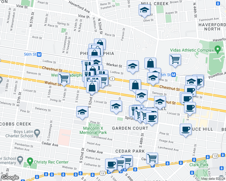map of restaurants, bars, coffee shops, grocery stores, and more near 5033 Walnut Street in Philadelphia