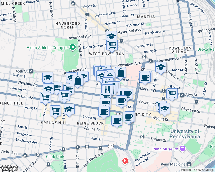 map of restaurants, bars, coffee shops, grocery stores, and more near in Philadelphia