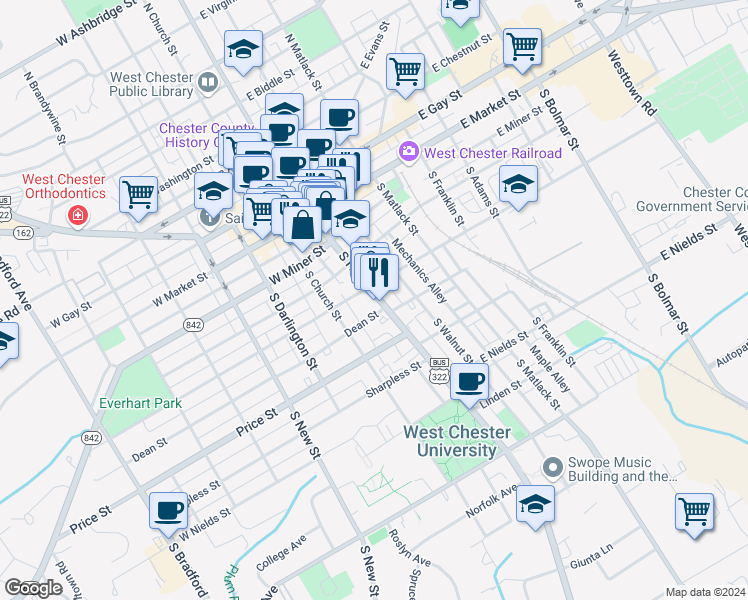 map of restaurants, bars, coffee shops, grocery stores, and more near 312 South High Street in West Chester