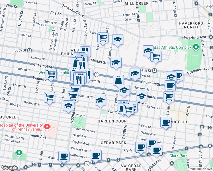 map of restaurants, bars, coffee shops, grocery stores, and more near 4934 Sansom Street in Philadelphia