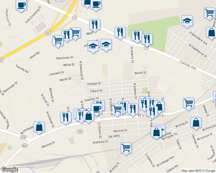 map of restaurants, bars, coffee shops, grocery stores, and more near 1705 Hope Alley in West York