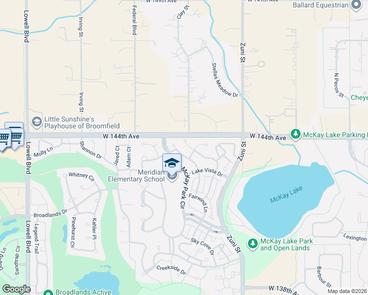 map of restaurants, bars, coffee shops, grocery stores, and more near 14371 Waterside Lane in Broomfield